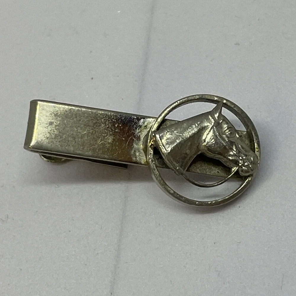 Vintage Silver Tone Horse Head Equestrian Tie Clip Western Mens Jewelry